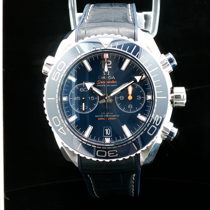 Omega Seamaster Planet Ocean Chronograph Blue Ceramic Watch with Leather Strap