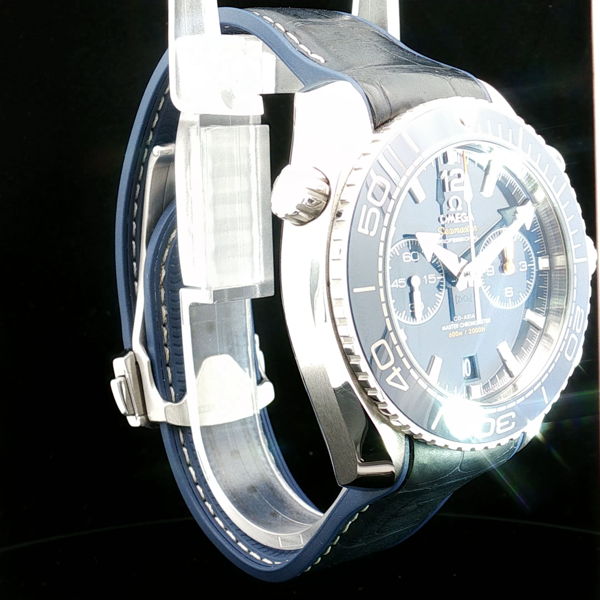 Omega Seamaster Planet Ocean Chronograph Blue Ceramic Watch with Leather Strap