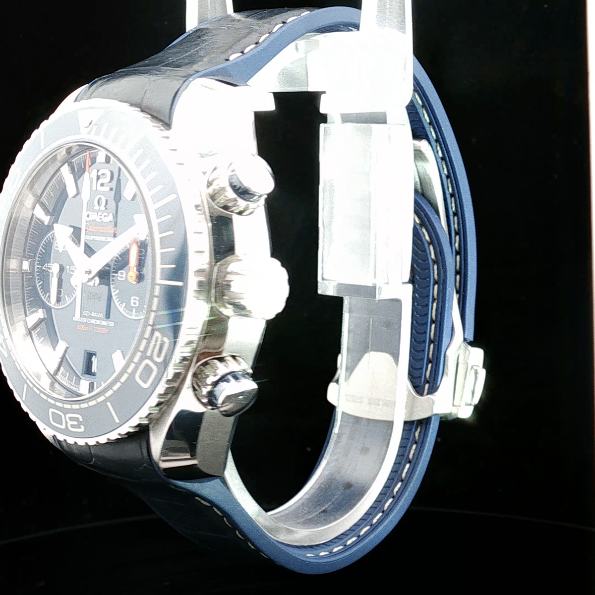 Omega Seamaster Planet Ocean Chronograph Blue Ceramic Watch with Leather Strap
