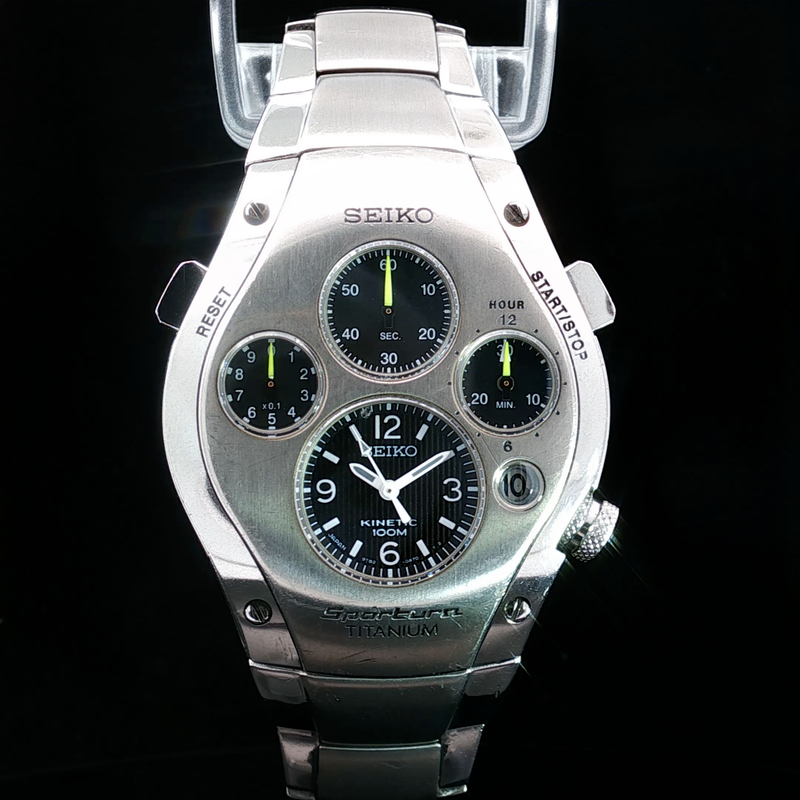 Seiko Sportura SLQ011 - Kinetic Chronograph – 9T82 - Jay Leno Titanium **SUPER RARE YELLOW HANDS Titanium** ORIGINAL Purchase Receipt