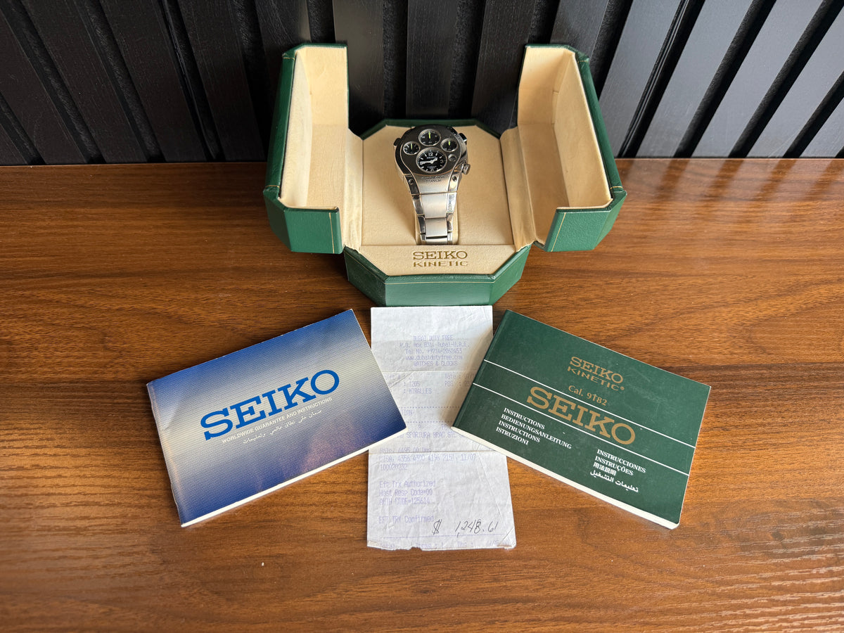 Seiko Sportura SLQ011 - Kinetic Chronograph – 9T82 - Jay Leno Titanium **SUPER RARE YELLOW HANDS Titanium** ORIGINAL Purchase Receipt