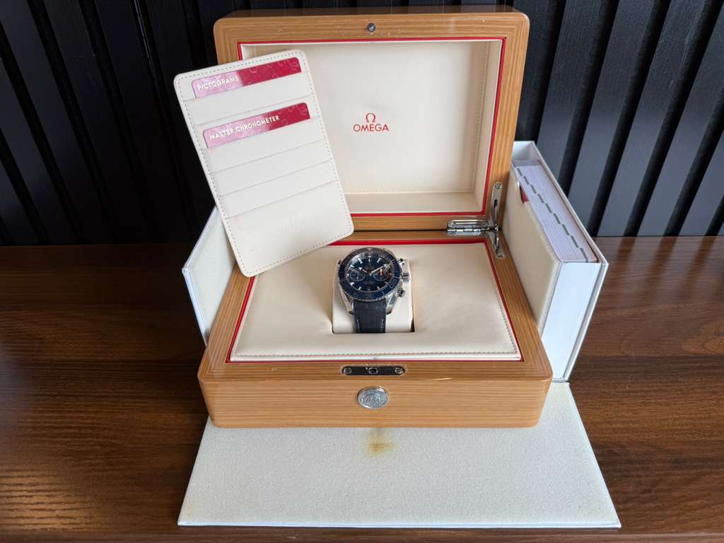 Omega Seamaster Planet Ocean Chronograph Blue Ceramic Watch with Leather Strap