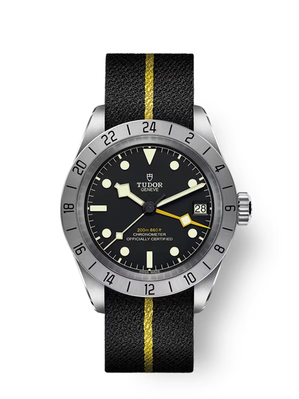 Black Bay Pro Manufacture Calibre MT5652 39mm steel case Black fabric strap with yellow band m79470-0002